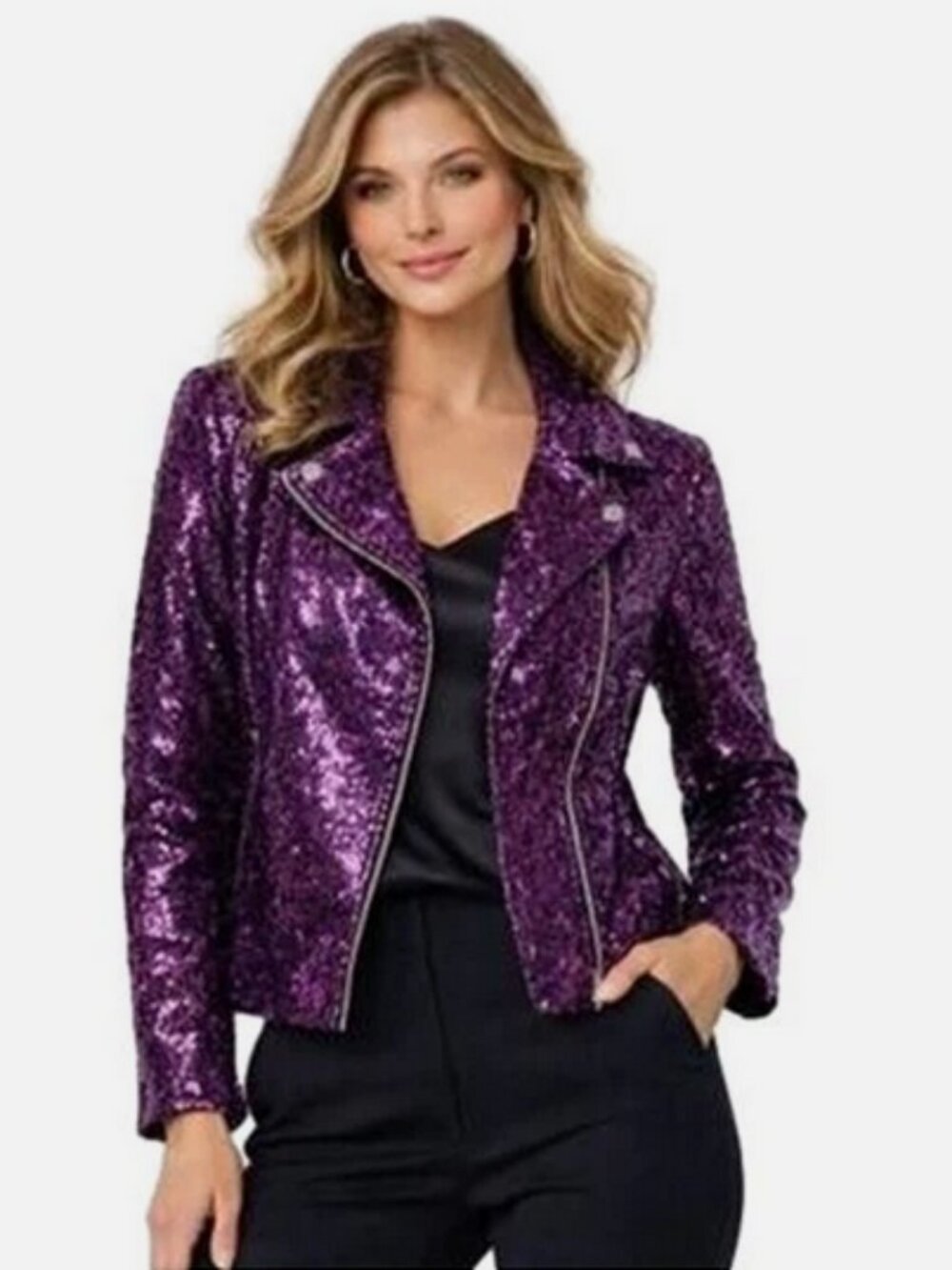 Colleen Lopez Women's Luxe Sequin Moto Jacket Violet Rose Size XS Tag NIB